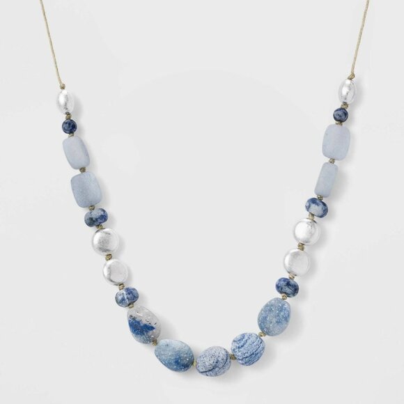 Semi-Precious Angelite and Blue Aventurine Beaded Cord Necklace - Universal Thre - Picture 1 of 3